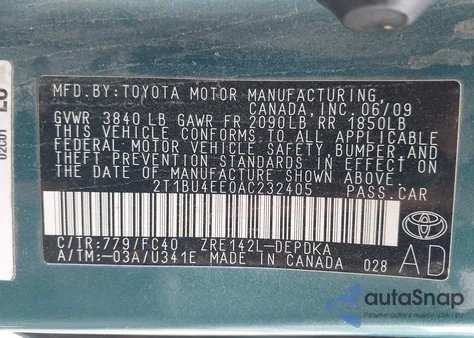 2010 Toyota Corolla Le из США, поврежденный, VIN 2T1BU4EE0AC232405